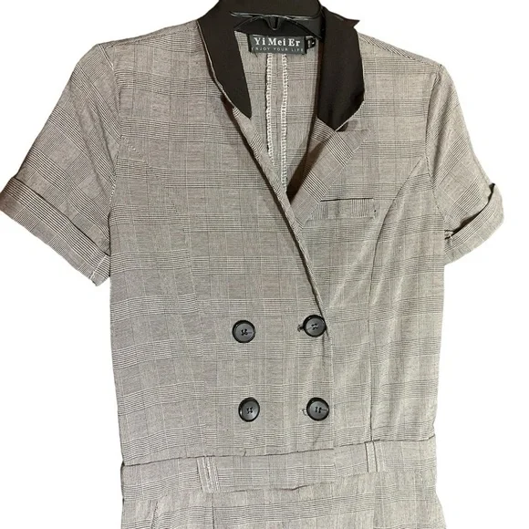 Vintage Yi Mei Er Short Sleeve Jumpsuit Office Black Gray Plaid Size Small - Picture 5 of 8